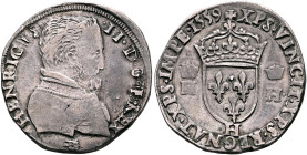 FRANCE, Royal. Henri II, 1547-1559. Teston 1559 H (Silver, 28 mm, 9.40 g, 9 h), La Rochelle. HENRICVS• - II•D•G•F•REX Cuirassed bust of Henry II to ri...