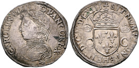 FRANCE, Royal. Charles IX, 1560-1574. Teston 1563 H (Silver, 30 mm, 9.48 g, 9 h), La Rochelle. CAROLVS•VIIII•D:G.FRANCO REX• Laureate and cuirassed bu...