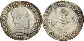 FRANCE, Royal. Henri III, 1574-1589. Demi-Franc 1577 H (Silver, 30 mm, 6.78 g, 8 h), La Rochelle. HENRICVS•III•D•G•FRANC•ET•POL•REX Laureate and cuira...