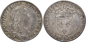 FRANCE, Royal. Louis XIII le Juste (the Just), 1610–1643. 1/2 Écu 1642 A (Silver, 33 mm, 13.48 g, 6 h), Paris. LVDOVICVS•XIII•D•G FR•ET•NAV•REX Laurea...