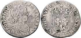 FRANCE, Royal. Louis XIV le Roi Soleil (the Sun King), 1643–1715. 1/4 Écu 1652 T (Silver, 27 mm, 6.52 g, 6 h), à la mèche longue, Nantes. LVD•XIIII•D•...