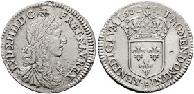 FRANCE, Royal. Louis XIV le Roi Soleil (the Sun King), 1643–1715. 1/12 Écu 1662 A (Silver, 21 mm, 2.30 g, 6 h), Paris. LVD•XIIII•D•G• - FR•ET•NAV•REX ...