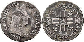 FRANCE, Royal. Louis XIV le Roi Soleil (the Sun King), 1643–1715. 1/12 Écu aux 8 L 1691 A (Silver, 20 mm, 2.19 g, 3 h), Paris. LVD•XIIII•D•G✱ - FR•ET•...