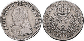 FRANCE, Royal. Louis XV le Bien-Aimé (the Well-Beloved), 1715–1774. 1/10 Écu aux rameaux d'olivier 1732 T (Silver, 22 mm, 2.80 g, 6 h), Nantes. LUD•XV...