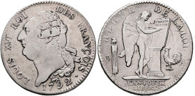 FRANCE, Royal. Louis XVI, 1774–1793. Écu de 6 livres 1792 A (Silver, 39 mm, 29.24 g, 6 h), Paris. LOUIS XVI ROI DES FRANÇOIS / •1792• Bare bust of Lou...