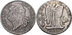 FRANCE, Royal. Louis XVI, 1774–1793. Écu de 6 livres 1793 A (Silver, 39 mm, 29.28 g, 6 h), Paris. LOUIS XVI ROI DES FRANÇOIS / •1793• Bare bust of Lou...