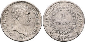FRANCE, Premier Empire. Napoléon I, 1804-1814, 1815. Franc 1808 A (Silver, 23 mm, 4.94 g, 6 h), Paris. NAPOLEON EMPEREUR Laureate head of Napoléon I t...