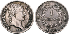 FRANCE, Premier Empire. Napoléon I, 1804-1814, 1815. Franc 1808 H (Silver, 23 mm, 5.00 g, 6 h), La Rochelle. NAPOLEON EMPEREUR Laureate head of Napolé...