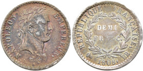 FRANCE, Premier Empire. Napoléon I, 1804-1814, 1815. Demi-Franc 1808 BB (Silver, 18 mm, 2.62 g, 5 h), Strasbourg. NAPOLEON EMPEREUR Laureate head of N...