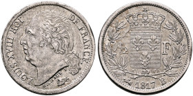 FRANCE, Royal (Restored). Louis XVIII, 1814-1824. 1/2 Franc 1817 B (Silver, 18 mm, 2.55 g, 6 h), Rouen. LOUIS XVIII ROI - DE FRANCE Bare head of Louis...
