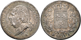 FRANCE, Royal (Restored). Louis XVIII, 1814-1824. 5 Francs 1821 A (Silver, 37 mm, 25.00 g, 6 h), Paris. LOUIS XVIII ROI - DE FRANCE. Bare head of Loui...