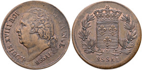 FRANCE, Royal (Restored). Louis XVIII, 1814-1824. 5 Centimes 1824 A (Copper, 27 mm, 7.91 g, 6 h), Essai, Paris. LOUIS XVIII - ROI DE FRANCE / ESSAI Ba...