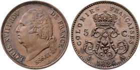 FRANCE, Royal (Restored). Louis XVIII, 1814-1824. 5 Centimes 1824 A (Copper, 27 mm, 11.13 g, 6 h), Piedfort Essai for the French Colonies, Paris. LOUI...