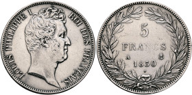 FRANCE, Royal (Restored). Louis Philippe, 1830-1848. 5 Francs 1830 A (Silver, 37 mm, 25.00 g, 5 h), variety with edge inscription in hollow, Paris. LO...