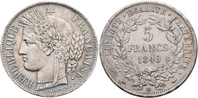 FRANCE, Deuxième République. Louis Napoléon, President, 1848-1852. 5 Francs 1849 BB (Silver, 37 mm, 24.96 g, 6 h), Strasbourg. REPUBLIQUE - FRANÇAISE•...