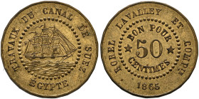 FRANCE, Second Empire. Napoléon III. 50 Centimes 1865 (Bronze, 20 mm, 2.70 g, 12 h), Suez Canal token. TRAVAUX DU CANAL DE SUEZ / ÉGYPTE Sailing ship ...