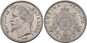 FRANCE, Second Empire. Napoléon III, 1852-1870. 2 Francs 1870 A (Silver, 27 mm, 9.93 g, 6 h), Paris. NAPOLEON III - EMPEREUR Laureate head of Napoléon...