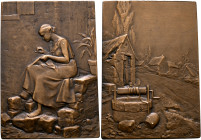 FRANCE, Troisième République. 1870-1940. Plaquette (Bronze, 63x44 mm, 89.75 g, 12 h), by B. A. Maria, no date (circa 1900). Seated maid sewing. Rev. V...