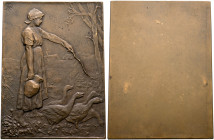 FRANCE, Troisième République. 1870-1940. Uniface Plaquette (Bronze, 61x45 mm, 55.65 g), no date (circa 1900). Maid chasing five geese with staff in le...