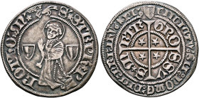 FRANCE, Provincial. Metz. Circa 1406-1540. Gros (Silver, 27 mm, 2.89 g, 3 h). S'✱STEPH'✱P - ROTHO'✱M St. Stephen kneeling and praying to the left betw...