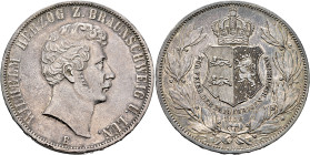 GERMANY. Braunschweig. Wilhelm, 1831-1884. Doppelter Vereinstaler 1856 B (Silver, 41 mm, 37.13 g, 12 h), on the 25th Anniversary of his reign. Hannove...