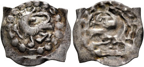 GERMANY, Breisgau. Grafen von Habsburg, 1160-1180. Vierzipfliger Pfennig (Silver, 18 mm, 0.39 g), unknown mint. Lion left, head turned backwards. Rev....