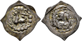 GERMANY, Breisgau. Grafen von Habsburg, 1200-1250. Vierzipfliger Pfennig (Silver, 20 mm, 0.40 g), unknown mint. Lion left in ring of large pearls. Rev...