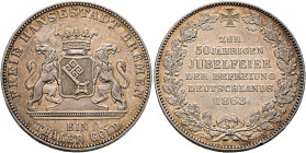 GERMANY. Bremen (Stadt). Taler 1863 (Silver, 33 mm, 17.53 g, 12 h), on the 50th Anniversary of the Liberation of Germany. FREIE HANSESTADT BREMEN Crow...