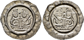 GERMANY. Donauwörth (königliche Münzstatte). Heinrich VI, 1190-1197. Bracteate (Silver, 22 mm, 0.82 g, 12 h). Crowned busts facing of Konstanze, holdi...
