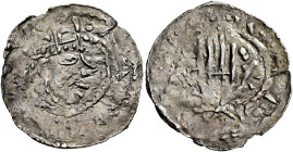 GERMANY. Esslingen. Heinrich II, 1002-1024. Denar (Silver, 19 mm, 0.83 g, 8 h). [✠HEINRICVS] Crowned head of Heinrich II ro right. Rev. [S VITALIS] Ha...