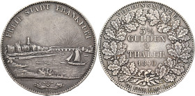 GERMANY. Frankfurt (Stadt). Doppeltaler (Silver, 41 mm, 37.00 g, 12 h), 1840. FREIE STADT FRANKFURT City view from the Main river; below, Caduceus beh...