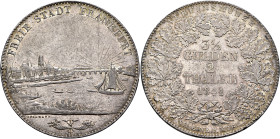 GERMANY. Frankfurt (Stadt). Doppeltaler (Silver, 41 mm, 37.09 g, 12 h), 1841. FREIE STADT FRANKFURT City view from the Main river; below, Caduceus beh...