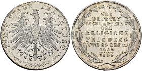 GERMANY. Frankfurt (Stadt). 2 Gulden 1855 (Silver, 36 mm, 21.23 g, 12 h), on the 300th Anniversary of the Peace of Augsburg. FREIE STADT FRANKFURT Cro...