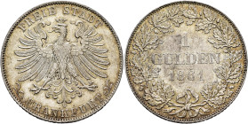 GERMANY. Frankfurt (Stadt). Gulden 1861 (Silver, 30 mm, 10.60 g, 12 h). FREIE STADT / FRANKFURT Crowned eagle. Rev. 1 / GULDEN / 1861 in three lines w...