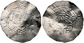 GERMANY. Hersfeld (Abtei). Rudhard, 1059-1072. Denar (Silver, 20 mm, 0.94 g). [RVTHAR]D[VS] Draped bust of Rudhard facing. Rev. [H]E[RISFEL]D Four tow...