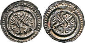 GERMANY. Überlingen. After 1250. Bracteate (Silver, 21 mm, 0.40 g, 12 h). Gryphon walking left. Rev. Incuse of obverse. Cahn 118 (Reichenau). Klein/Ul...