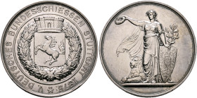 GERMANY. Württemberg-Stuttgart (Stadt). Schützenmedaille (Shooting Medal) 1875 (Silver, 41 mm, 23.68 g, 12 h), on the 5th Bundesschiessen. By K. Schwe...