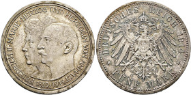 GERMANY. Kaiserreich. Anhalt. Friedrich II, 1904-1918. 5 Mark 1914 A (Silver, 38 mm, 27.77 g, 12 h), on his Silver Wedding Anniversary. Berlin. FRIEDR...