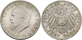 GERMANY. Kaiserreich. Bayern. Ludwig III, 1913-1918. 5 Mark 1914 D (Silver, 38 mm, 27.75 g, 12 h), München. LUDWIG III KOENIG VON BAYERN Bare head of ...