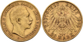 GERMANY. Kaiserreich. Preußen. Wilhelm II, 1888-1918. 20 Mark 1902 A (Gold, 22 mm, 8.00 g, 12 h), Berlin. WILHELM II DEUTSCHER KAISER KÖNIG V. PREUSSE...