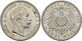 GERMANY. Kaiserreich. Preußen. Wilhelm II, 1888-1918. 2 Mark 1908 A (Silver, 28 mm, 11.12 g, 12 h), Berlin. WILHELM II DEUTSCHER KAISER KÖNIG V. PREUS...