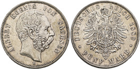 GERMANY. Kaiserreich. Sachsen. Albert, 1873-1902. 5 Mark 1889 E (Silver, 38 mm, 27.76 g, 12 h), Muldenhütten. ALBERT KOENIG VON SACHSEN Bare head of A...