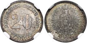 GERMANY. Kaiserreich. Württemberg. Karl I, 1864-1891. 20 Pfennig 1876 F (Silver, 16 mm, 1.11 g, 12 h), Stuttgart. DEUTSCHES REICH 1873 around value 20...