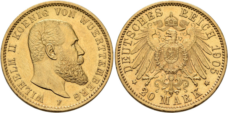 GERMANY. Kaiserreich. Württemberg. Wilhelm II, 1891-1918. 20 Mark 1905 F (Gold, ...