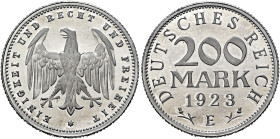 GERMANY. Weimarer Republik. 1918-1933. 200 Mark 1923 E (Aluminum, 23 mm, 0.94 g, 12 h), Muldenhütten. EINIGKEIT UND RECHT UND FREIHEIT✱ Heraldic eagle...