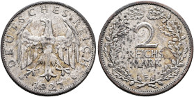 GERMANY. Weimarer Republik. 1918-1933. Reichsmark 1927 E (Silver, 26 mm, 9.81 g, 12 h), Muldenhütten. DEUTSCHES REICH / ✱1927✱ Heraldic eagle. Rev. 2 ...