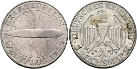 GERMANY. Weimarer Republik. 1918-1933. 5 Reichsmark 1930 A (Silver, 36 mm, 25.03 g, 11 h), Zeppelin, on the flight around the world. Berlin. GRAF ZEPP...