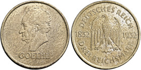 GERMANY. Weimarer Republik. 1918-1933. 3 Reichsmark 1932 A (Silver, 30 mm, 14.98 g, 12 h), on the 100th Anniversary of Goethe's death. Berlin. GOETHE ...