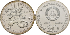 GERMANY. German Democratic Republic. 1949-1990. 20 Mark 1986 A (Silver, 33 mm, 20.97 g, 12 h), on the 200th Birthday of the Grimm brothers, Berlin. JA...