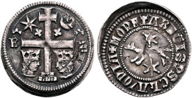 HUNGARY. Ladislaus IV, 1272-1290. Denar (Silver, 16 mm, 0.78 g, 4 h), for Slavonia. Zagreb. Patriarch's cross between two crowned heads, star and cres...